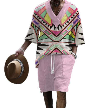 Men's V-Neck Luxury Colorblock Textured Print Shorts Set 172