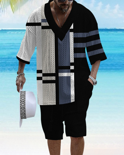 Men's V Neck Luxurious Textured Print Shorts Set 196