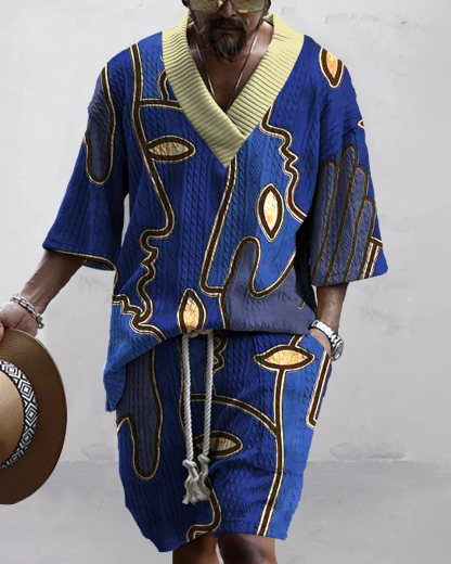 Men's V-neck luxury textured print shorts Set 020