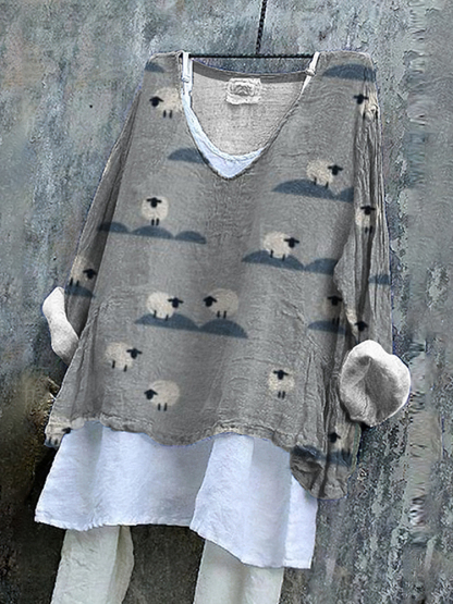 Vintage Farm Sheep V Neck Linen Blend Shirt
