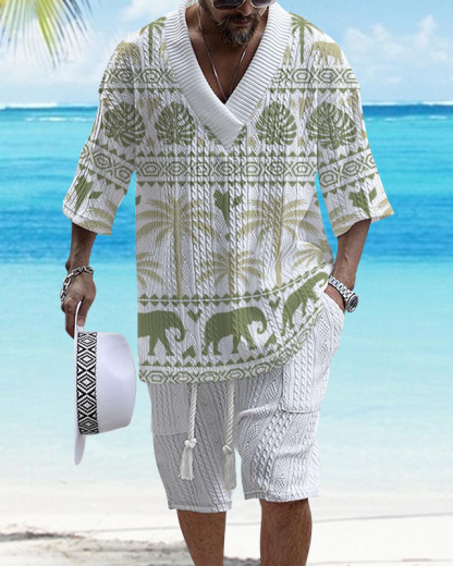 Men's V Neck Luxurious Textured Print Shorts Set 295