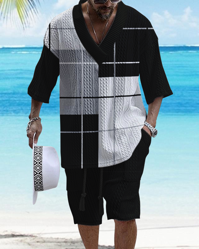Men's V-Neck Luxury Check Print Textured Shorts Set 204