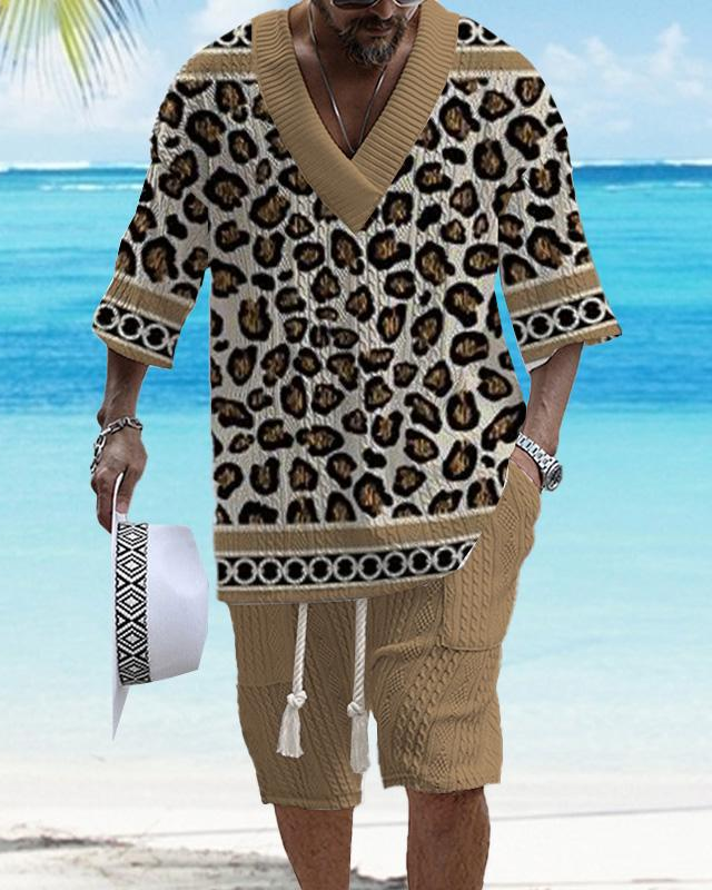 Men's V-neck luxury textured print shorts Set 007