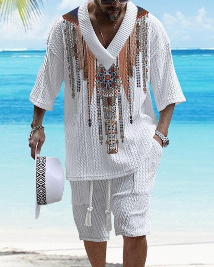 Men's V Neck Luxurious Textured Print Shorts Set 211