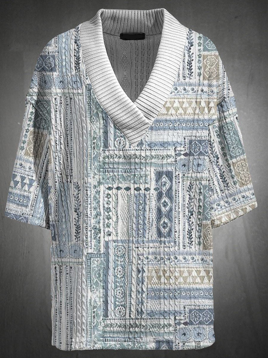 Men's V Neck Luxurious Textured Print Shorts Set 206