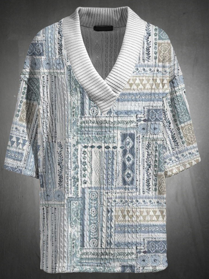 Men's V Neck Luxurious Textured Print Shorts Set 206