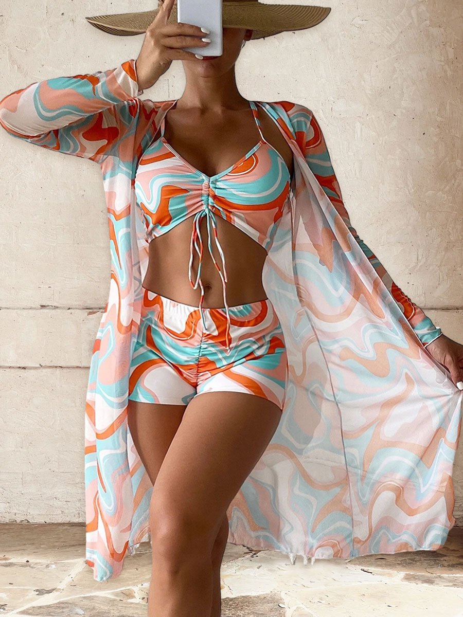 Women's Vintage Print Long-Sleeved Cover-Up Split High-Waist Swimsuit Three-Piece Set