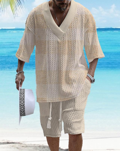 Men's V-neck luxury textured print shorts Set 004