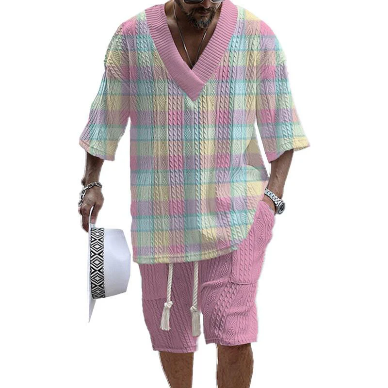 Suitmens Men's V-Neck Luxury Colorblock Textured Print Shorts Set 152