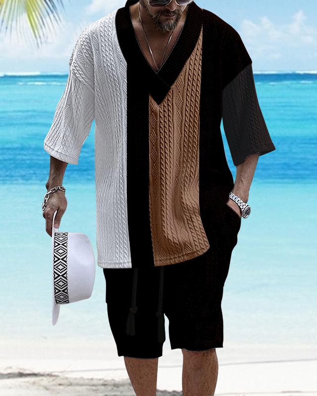 Men's V-Neck Luxury Colorblock Textured Print Shorts Set 122