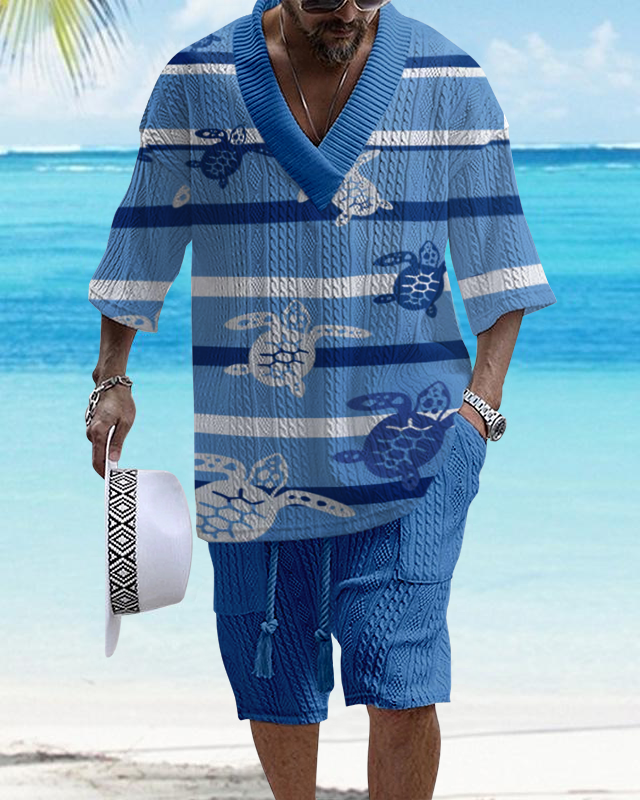 Men's V-Neck Luxury Marine Print Textured Resort Shorts Set 008