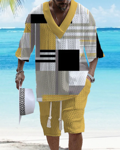 Men's V-Neck Luxury Colorblock Textured Print Shorts Set 158