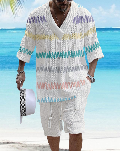 Men's V Neck Luxurious Textured Print Shorts Set 332