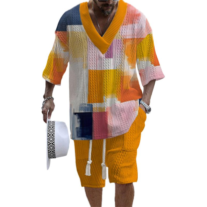 Men's V-Neck Luxury Colorblock Textured Print Shorts Set 98
