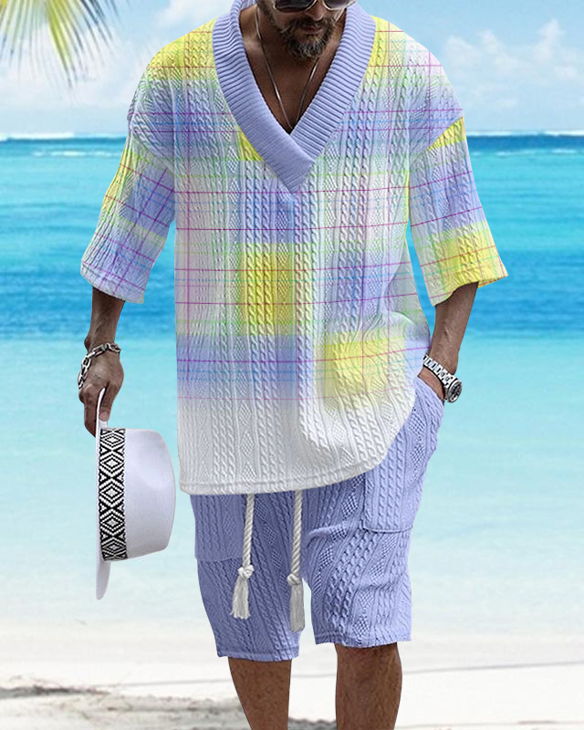 Men's V Neck Luxurious Textured Print Shorts Set 214