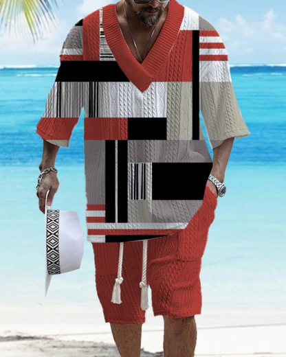Men's V-Neck Luxury Colorblock Textured Print Shorts Set 159