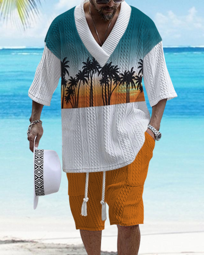 Men's V Neck Luxurious Textured Print Shorts Set 287
