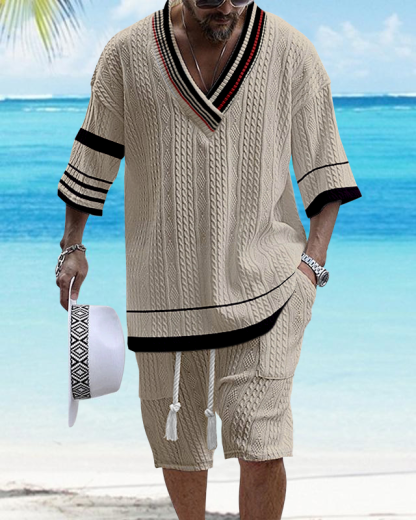 Men's V Neck Luxurious Textured Print Shorts Set 300