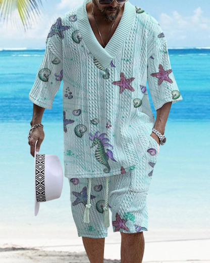 Men's V-Neck Luxury Marine Print Textured Resort Shorts Set 022