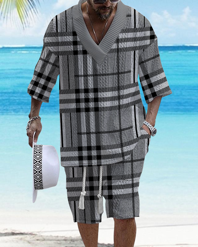Men's V Neck Luxurious Textured Print Shorts Set 301