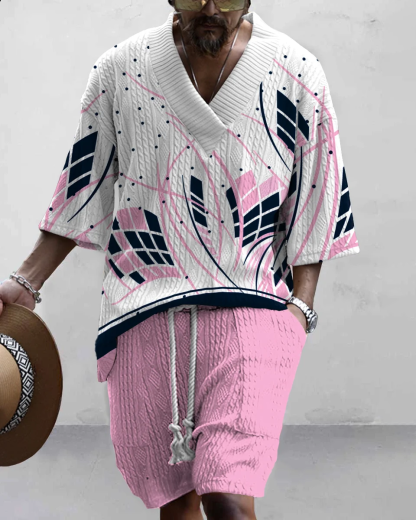 Men's V Neck Luxurious Textured Print Shorts Set 294