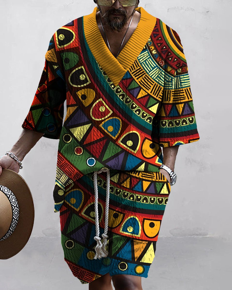 Men's V Neck Luxurious Textured Print Shorts Set 277