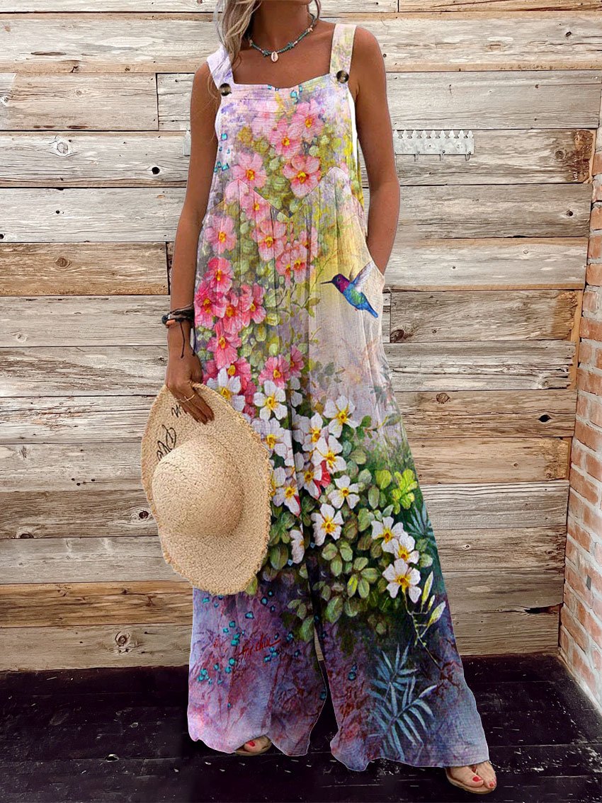 Women's Vintage Flower Print Casual Strap Wide Leg Pants