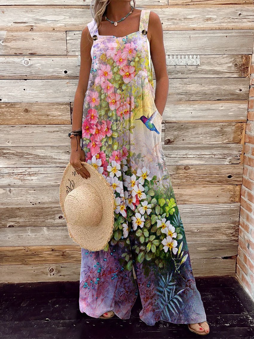Women's Vintage Flower Print Casual Strap Wide Leg Pants