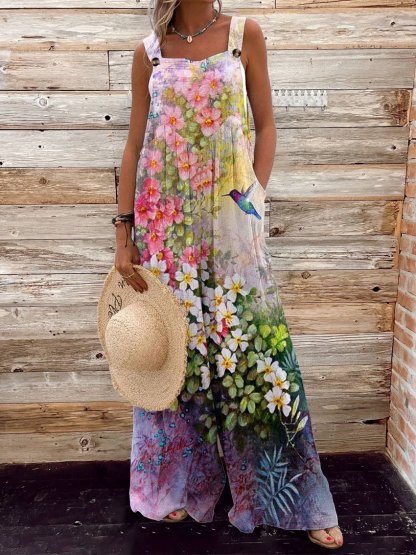 Women's Vintage Flower Print Casual Strap Wide Leg Pants