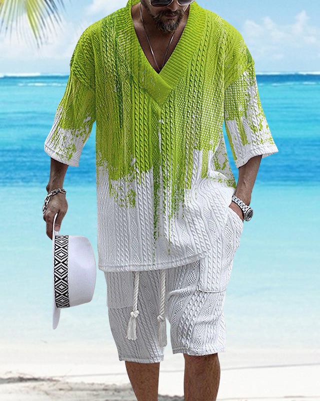 Men's V Neck Luxurious Textured Print Shorts Set 273