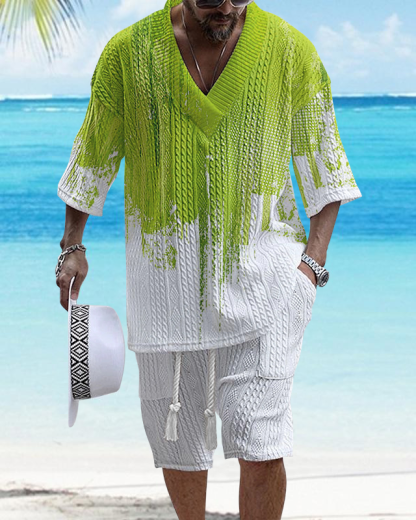 Men's V Neck Luxurious Textured Print Shorts Set 273