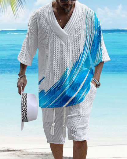 Men's V Neck Luxurious Textured Print Shorts Set 272