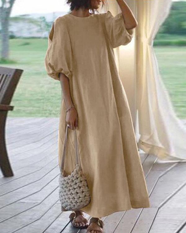 Women Half Sleeve Solid Loose Plus Size Casual Linen Dresses