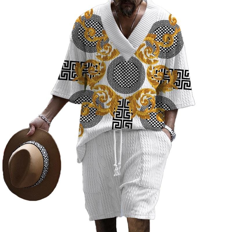 Suitmens Men's V-Neck Luxury Colorblock Textured Print Shorts Set 147