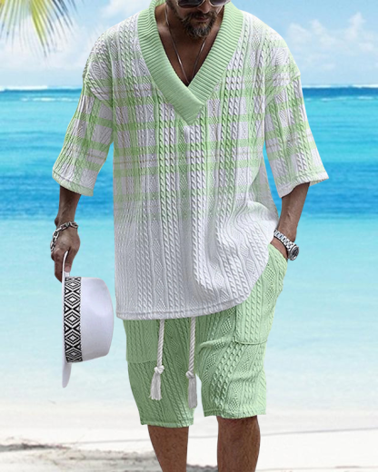 Men's V Neck Luxury Gradient Textured Print Shorts Set 188