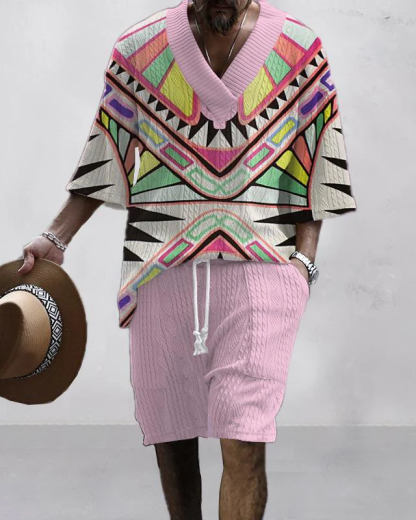 Men's V-Neck Luxury Colorblock Textured Print Shorts Set 172