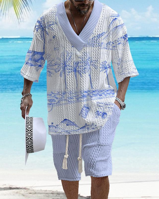 Men's V-neck luxury textured print shorts Set 90