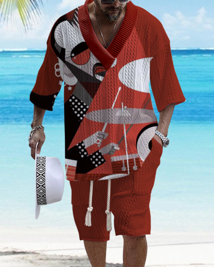 Men's V-Neck Luxury Color Block Musical Texture Print Shorts Set