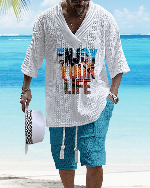 Men's V Neck Luxurious Textured Print Shorts Set 294