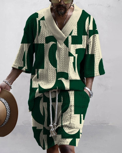 Men's V Neck Luxurious Textured Print Shorts Set 280
