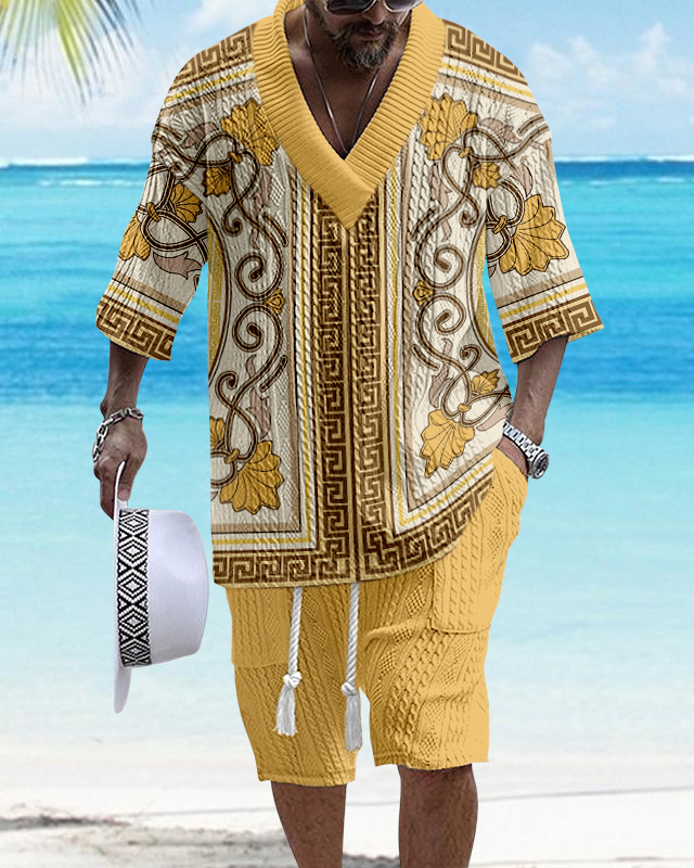 Men's V Neck Luxurious Textured Print Shorts Set 330