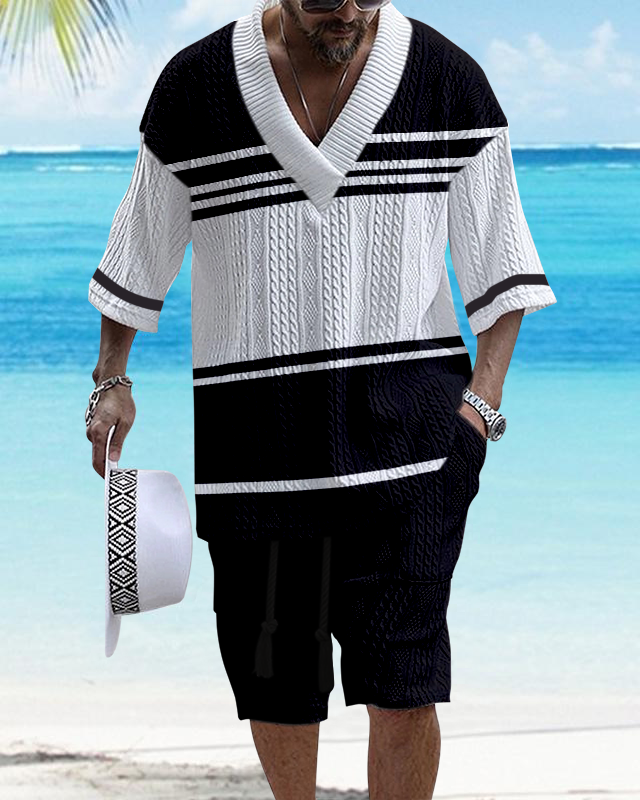 Men's V-Neck Luxury Colorblock Textured Print Shorts Set 125