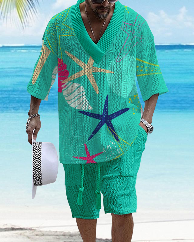 Men's V-Neck Luxury Marine Print Textured Resort Shorts Set 004