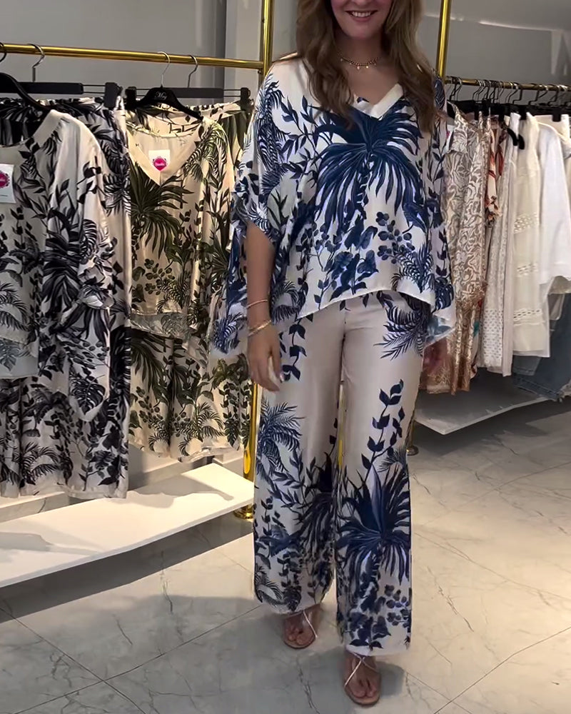 Leaf print V-neck three-quarter sleeve blouse and pants set