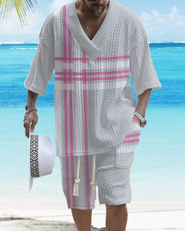 Men's V-neck luxury textured print shorts Set 006