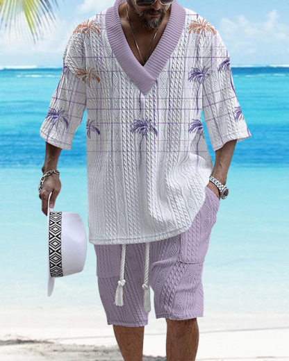 Men's V Neck Luxurious Textured Print Shorts Set 227