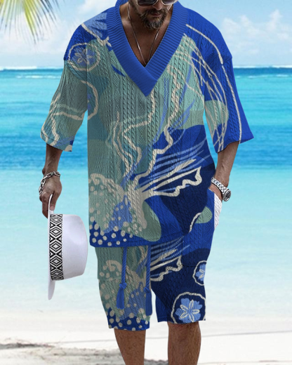 Men's V-Neck Luxury Marine Print Textured Resort Shorts Set 013