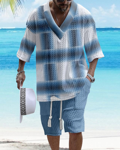 Men's V-Neck Luxury Colorblock Textured Print Shorts Set 128