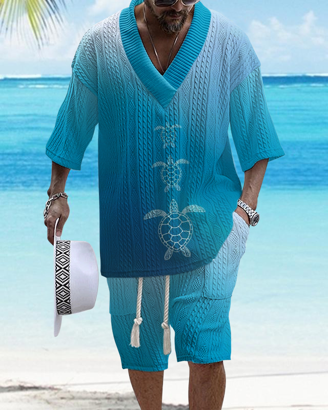 Men's V-Neck Luxury Colorblock Textured Resort Turtle Print Shorts Set