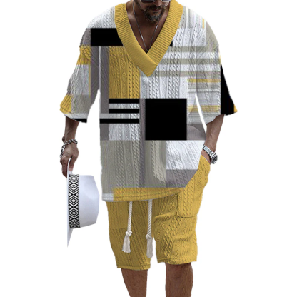 Men's V-Neck Luxury Colorblock Textured Print Shorts Set 158